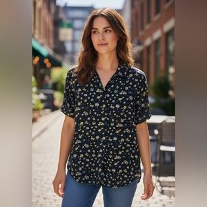 Rodier Blouse Button Up Blue Floral Size 38 Semi Sheer US Size 8